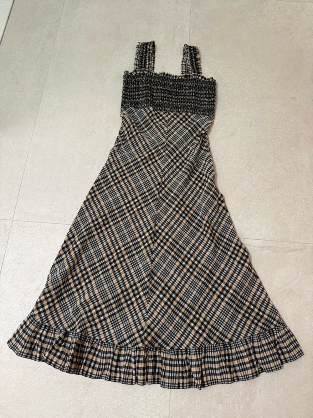 Ganni Black and Tan Plaid Smocked Maxi Dress